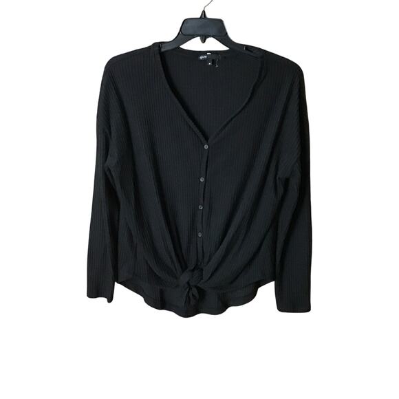 Gibson Women’s Small Black Thermal Waffle Knit V-Neck Button Tie Front Top - Picture 1 of 16